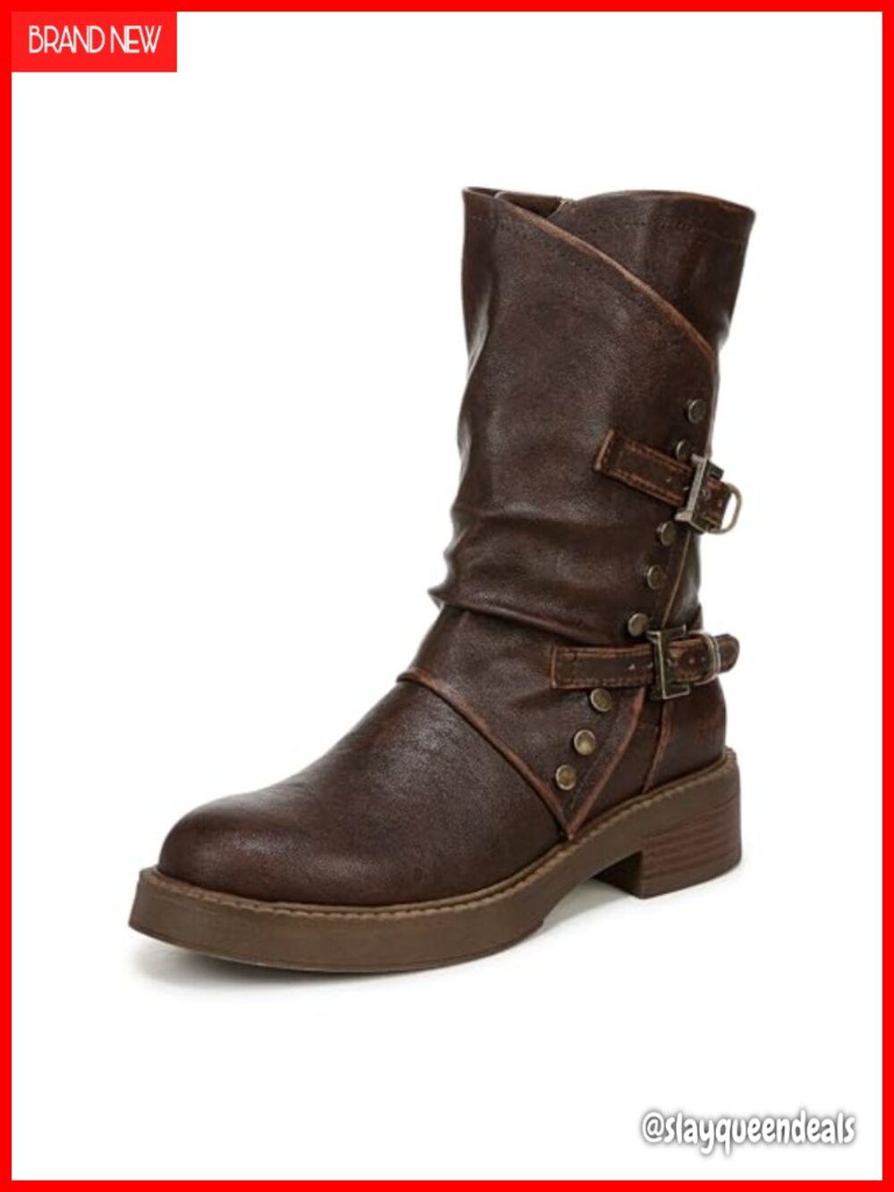 Faux-Leather Moto Mid Calf Boots Side Zip Block Heel